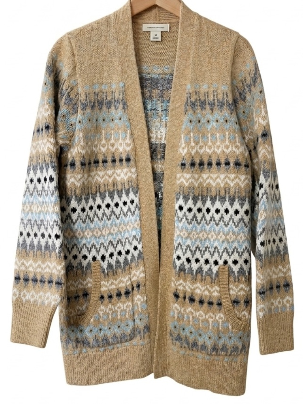 L.L. Bean Cotton Ragg Cardigan Sweater in Khaki Fair Isle